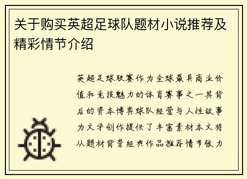 关于购买英超足球队题材小说推荐及精彩情节介绍